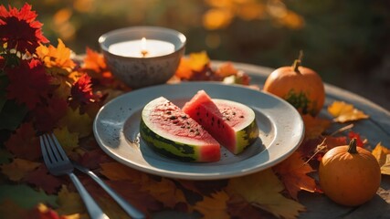Poster - A plate of watermelon slices surrounded by autumn leaves and small pumpkins, with a candle.