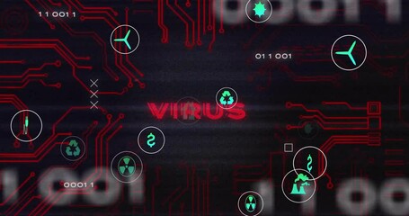 Aufkleber - Animation of red virus warning text with digital circuit patterns and hazard symbols