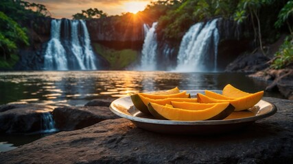 Aufkleber - A serene waterfall scene with a plate of fresh melon slices in the foreground.