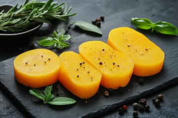 Poster - Slices of vibrant yellow squash on a slate board with fresh herbs and spices arranged for culinary presentation