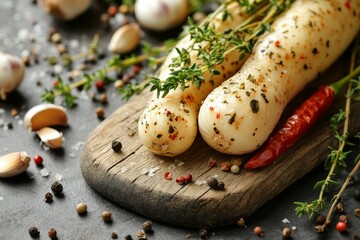 Poster - Fresh garlic cloves and herbs arranged on a rustic wooden board with spices and chilies for a flavorful dish preparation