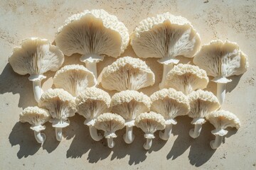 Poster - Freshly harvested white mushrooms arranged artistically on a surface in bright light