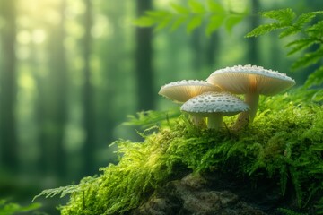 Poster - Fungi growing on bright green moss in a serene forest during early morning sunlight