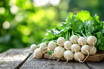 Poster - Freshly harvested white radishes with leafy greens displayed on a rustic wooden table in a garden during daylight hours