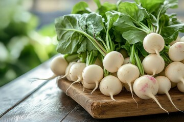 Aufkleber - Fresh white turnips with greens displayed on a wooden board in a rustic kitchen setting during daylight