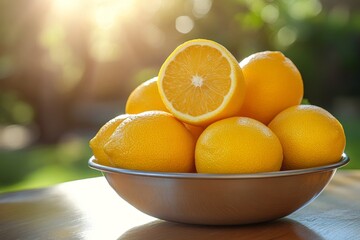 Poster - Fresh lemons in a bowl illuminated by soft sunlight at a garden setting
