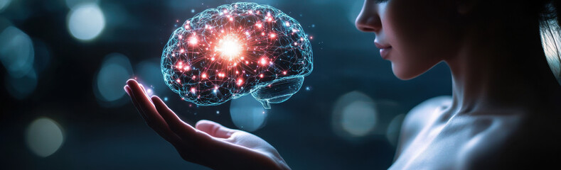 Poster - In a futuristic environment, a woman gazes thoughtfully at a glowing hologram of a brain held delicately in her hand
