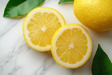 Poster - Freshly cut lemon halves arranged on marble surface with vibrant yellow color and green leaves accentuating the natural elements