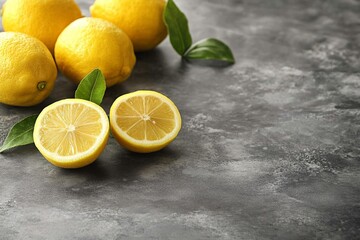 Aufkleber - Freshly cut lemons on a textured surface with whole lemons and green leaves in the background