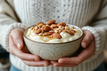 Poster - Delicious yogurt bowl topped with nuts and honey held in hands against cozy background