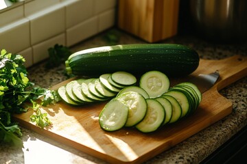 Aufkleber - Freshly sliced cucumber on a wooden cutting board in a bright kitchen with herbs in the background
