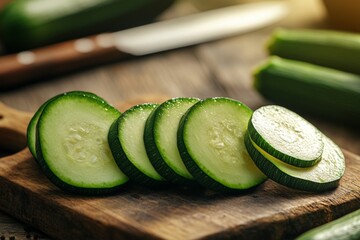 Poster - Freshly sliced cucumbers on a wooden cutting board with a kitchen knife in a warm, rustic kitchen setting