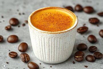 Aufkleber - Coffee cup filled with rich, aromatic beverage surrounded by roasted coffee beans on a textured surface