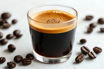 Aufkleber - Freshly brewed coffee served in a glass with coffee beans around at a cozy cafe during morning hours