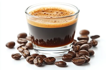 Aufkleber - Espresso with coffee beans on a white surface during a morning ritual