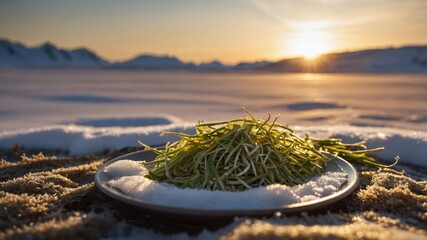 Poster - A plate of green sprouts on snow with a sunset backdrop, highlighting nature's contrast.