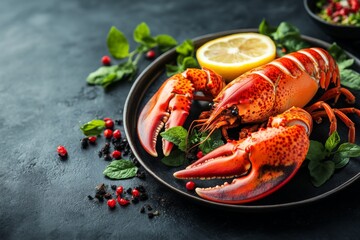 Aufkleber - Lobster presented on a black plate with fresh herbs and lemon slices in an elegant dining setup