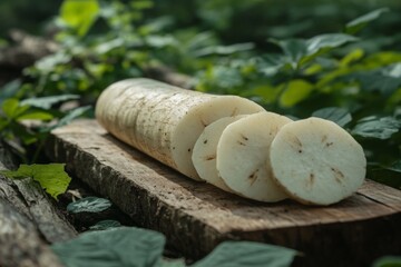 Poster - Freshly sliced root vegetable displayed on a wooden board surrounded by lush greenery in the forest
