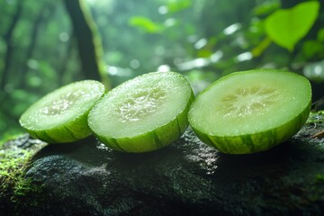 Poster - Slices of fresh cucumber resting on a moss-covered rock in a lush forest setting