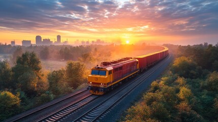 Aufkleber - A freight train carries colorful cargo containers along tracks surrounded by greenery and urban buildings as the sun rises, casting warm light across the landscape.