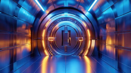 Poster - D illustration of an encrypted blockchain data vault securing cryptocurrency transactions with decentralized finance technology.