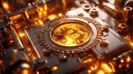 Poster - D illustration of an encrypted blockchain data vault securing cryptocurrency transactions with decentralized finance technology.