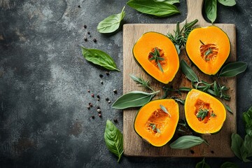 Poster - Freshly cut squash pieces surrounded by herbs on a wooden cutting board in a rustic kitchen setting