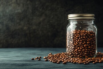 Poster - Glass jar filled with roasted coffee beans on a dark surface with scattered beans around it