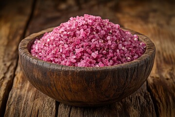 Aufkleber - Pink salt in a rustic wooden bowl placed on a weathered wooden surface