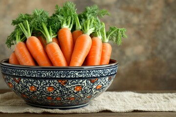 Poster - Freshly harvested carrots arranged in an ornate bowl on a rustic table