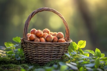 Poster - Freshly gathered hazelnuts in a rustic basket resting on moss in a serene forest setting during golden hour