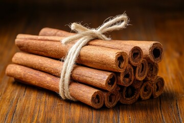 Poster - Cinnamon sticks tied with twine on wooden surface highlighting natural spices and kitchen ingredients