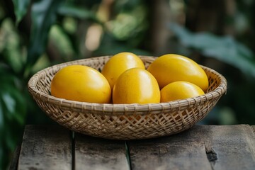 Poster - Fresh mangoes arranged in a traditional woven basket on a rustic wooden surface surrounded by greenery