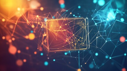 Poster - Abstract fintech concept featuring a digital wallet icon, connected banking symbols, and cybersecurity elements over a gradient background.