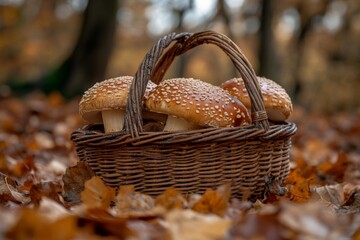 Poster - Gathering fresh mushrooms in a woven basket on a crisp autumn day surrounded by fallen leaves in a tranquil forest setting