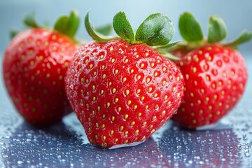 Poster - Fresh and vibrant strawberries glistening with dew on a blue background in natural light