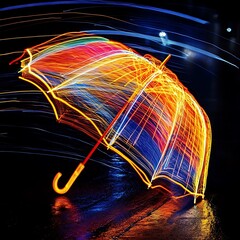 Poster - Colorful Umbrella with Light Trails in Rainy Night Scene
