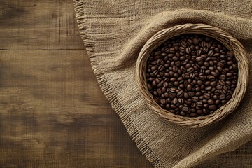 Poster - Freshly roasted coffee beans in a woven basket on a rustic wooden table with burlap fabric