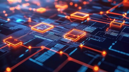 Poster - Abstract representation of blockchain technology with connected data blocks, glowing transaction nodes, and financial security.