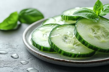 Poster - Fresh cucumber slices garnished with basil on a white plate, perfect for summer salads or healthy snacks