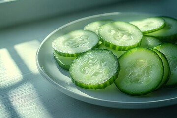 Poster - Freshly sliced cucumbers arranged on a white plate illuminated by soft sunlight in a cozy kitchen setting
