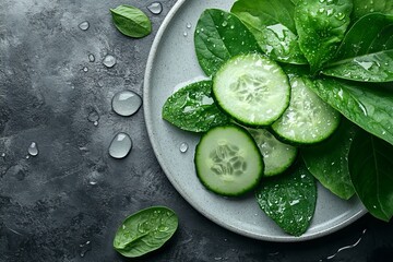 Poster - Freshly sliced cucumbers and leafy spinach on a textured plate with water droplets