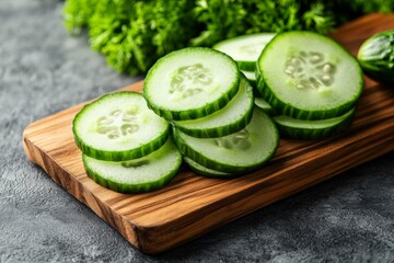 Poster - Freshly sliced cucumbers arranged on a wooden cutting board surrounded by vibrant greens