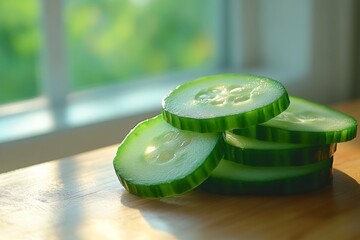 Poster - Freshly sliced cucumber resting on a wooden surface in sunlight by the window