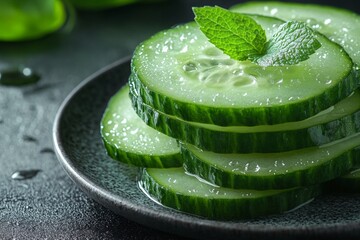 Poster - Fresh cucumber slices with mint leaves arranged on a black plate during daylight hours