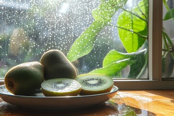 Poster - Freshly sliced kiwi and whole fruit on a plate by a rain-speckled window with greenery outside