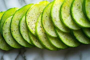Poster - Fresh cucumber slices arranged on a marble countertop with seasoning for a refreshing snack or salad garnish