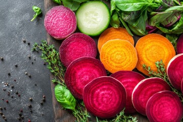 Poster - Vibrant display of sliced beets, cucumbers, and greens on a wooden cutting board in a kitchen setting