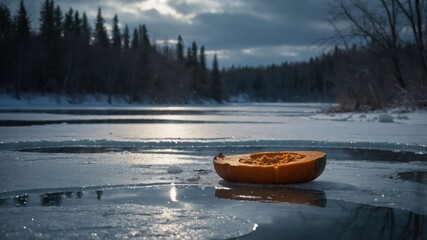 Poster - A pumpkin rests on a frozen river surrounded by trees under a cloudy sky.