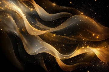 Fototapete - Dynamic golden waves with shimmering particles create a mesmerizing visual effect in dark background